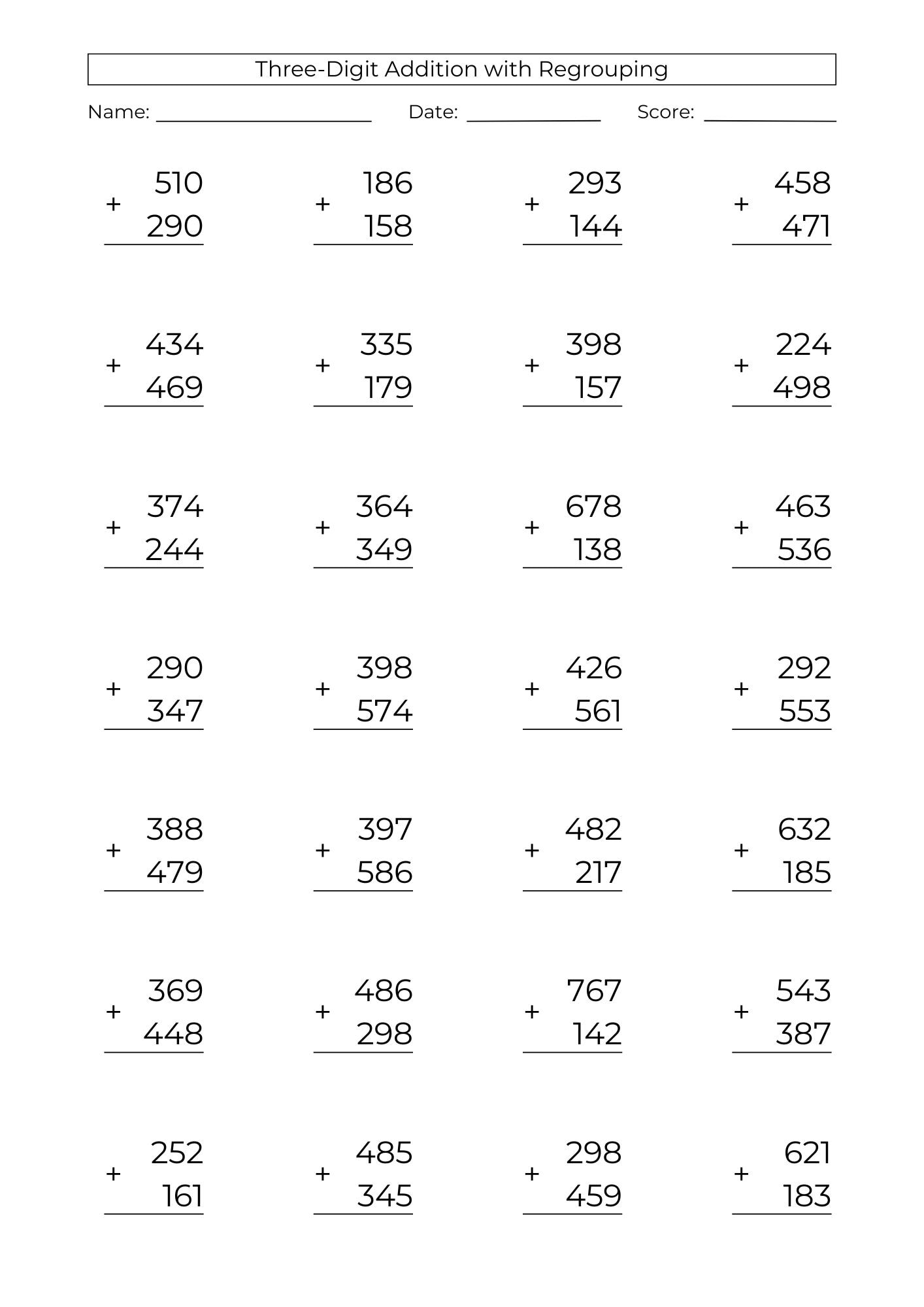 10 Printable 3 Digit Addition Worksheets 3rd Grade Math Drills PDF Download Etsy Israel