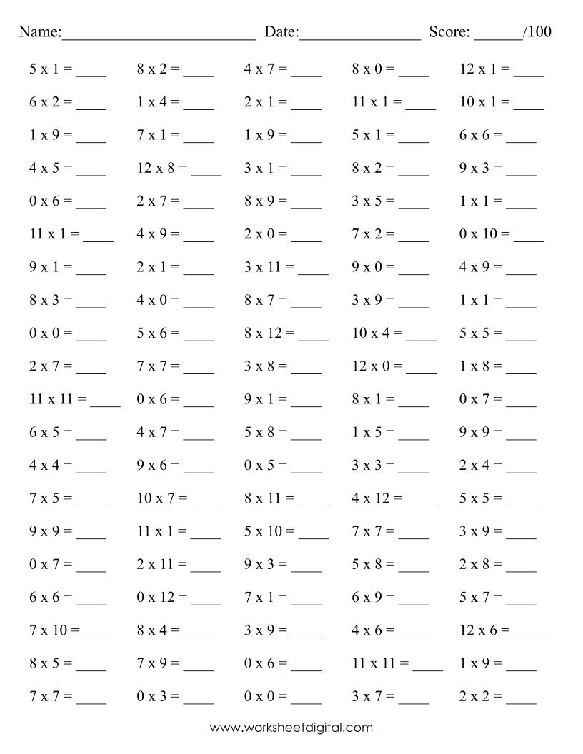 10 Printable Math Drills Multiplication Timetable 0 To 12 Practice Speed Counting PDF Made By Teachers Number 0 Worksheet Stock Vector Images Alamy