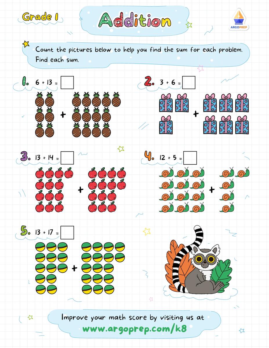 Addition Printout 1st Grade Math Worksheet Catholic