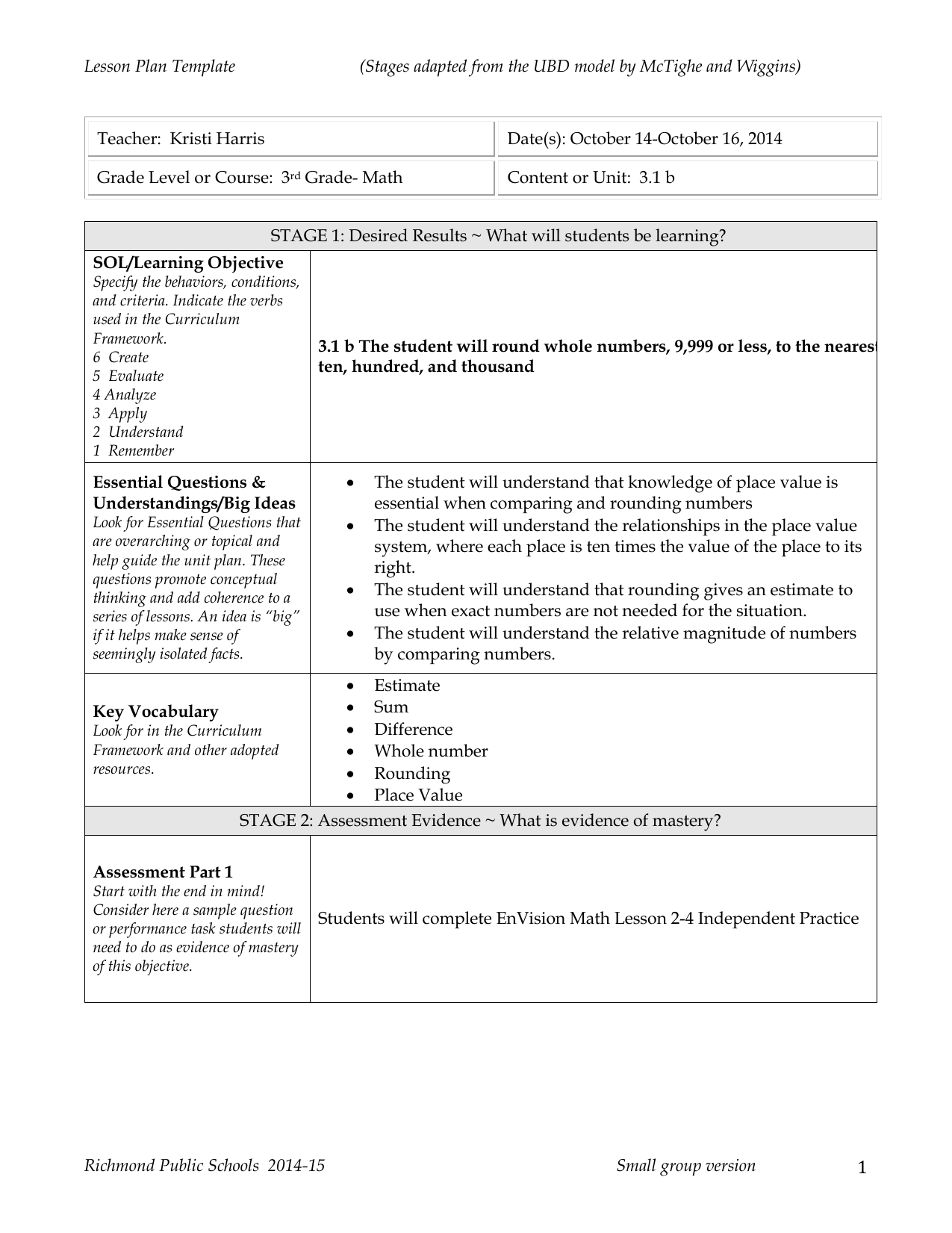 3rd Grade Math Rounding Lesson Plan Overview Of UbD The Design Template Flip EBook Pages 1 14 AnyFlip