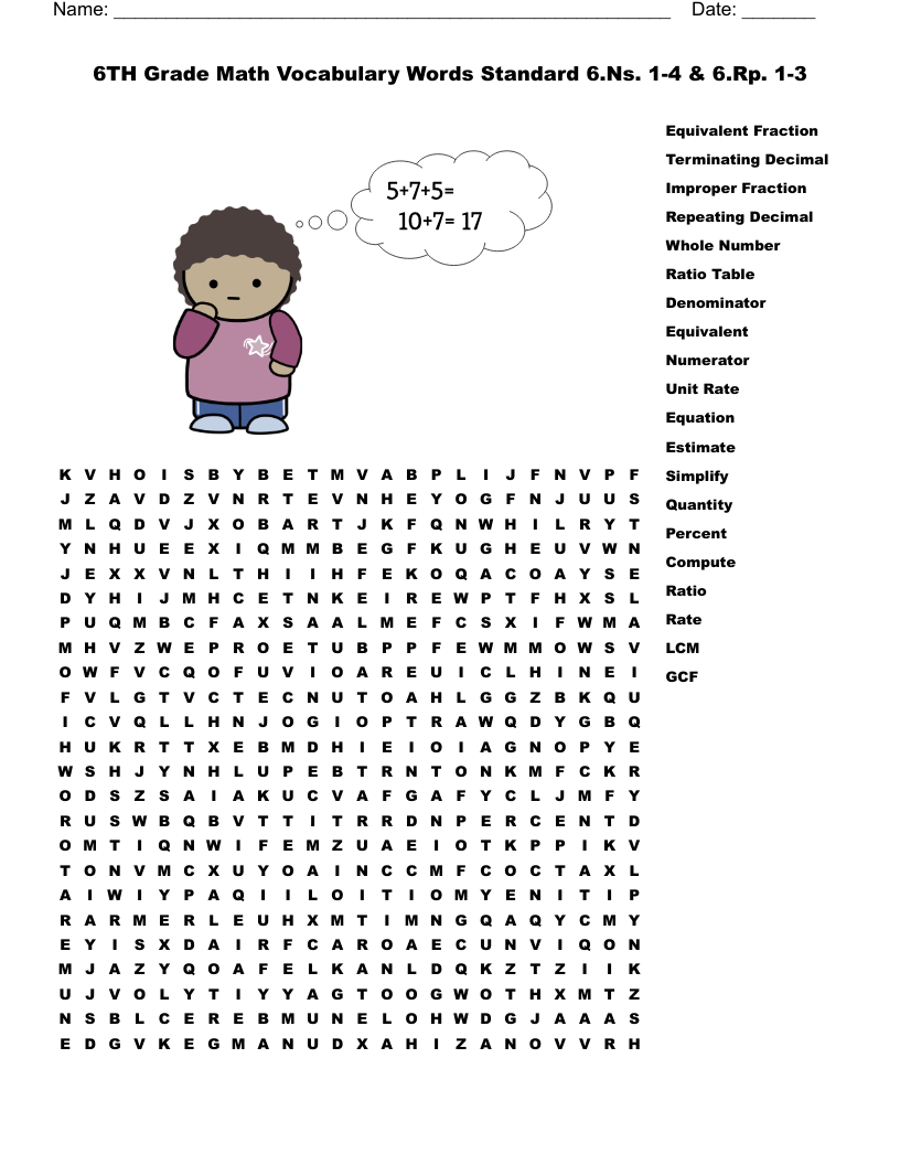 6th Grade Math Word Search WordMint