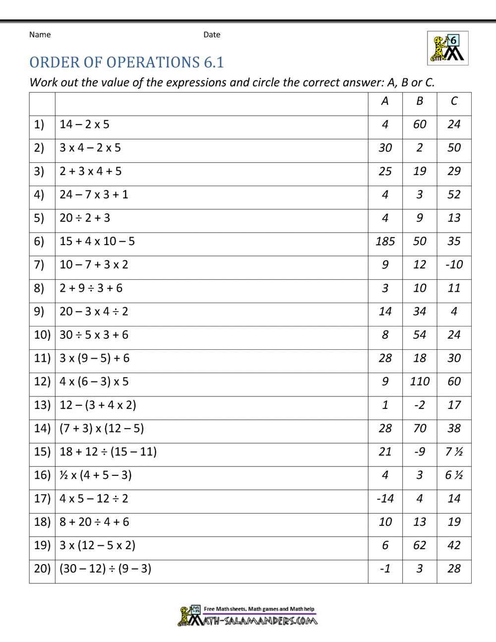 6th Grade Order Of Operations Worksheets 6th Grade Algebra Worksheets