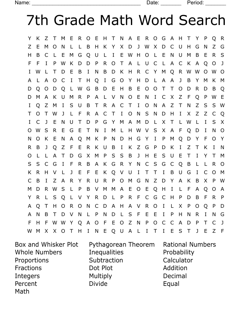 7TH Grade Math Vocabulary Words Word Search WordMint