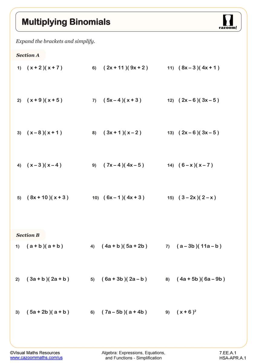 7th Grade Algebra Worksheets
