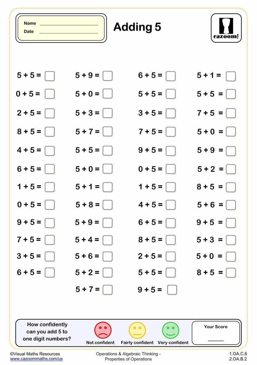 Adding 5 50 Questions Fun And Engaging 1st Grade PDF Worksheets Cazoom Math Addition Subtraction To 5 Worksheets For Kindergarten