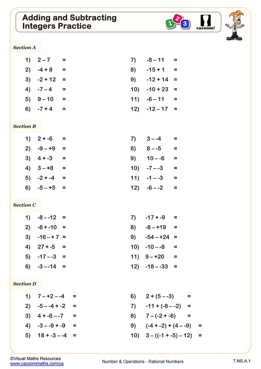Adding And Subtracting Integers Practice Worksheet 7th Grade PDF Worksheets Cazoom Math Operations With Integers Ten Minute Challenge Worksheet PDF Printable Number Operations Worksheet Cazoom Math