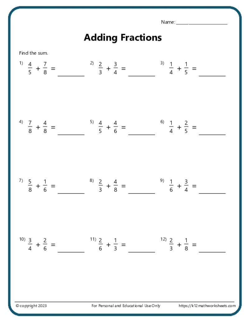 Adding Fractions With Unlike Denominators Worksheets