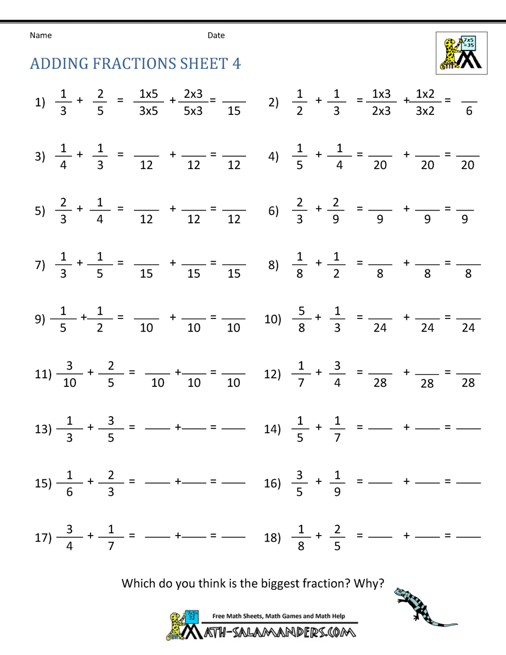 Worksheets For Fraction Addition