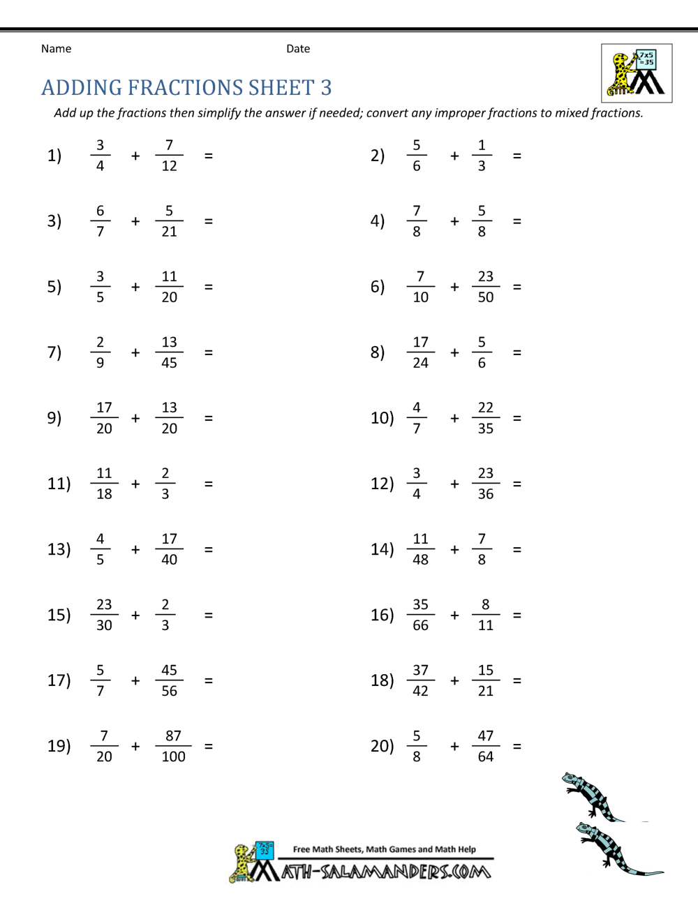 Adding Fractions Worksheets Adding Fractions Worksheets