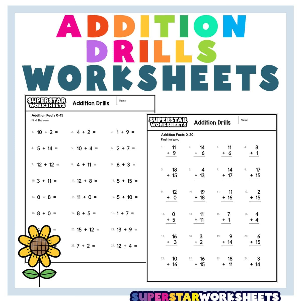 Addition Drills Superstar Worksheets Math Drill Addition Worksheet 1 Etsy