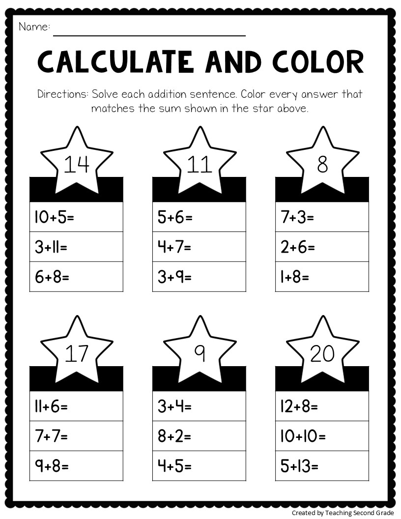 Addition Facts To 20 Worksheets Fun No Prep Math Worksheets For 1st 2nd Grade Teaching Ideas Made Easy 2nd Grade Math Ten Less Ten More Made By Teachers