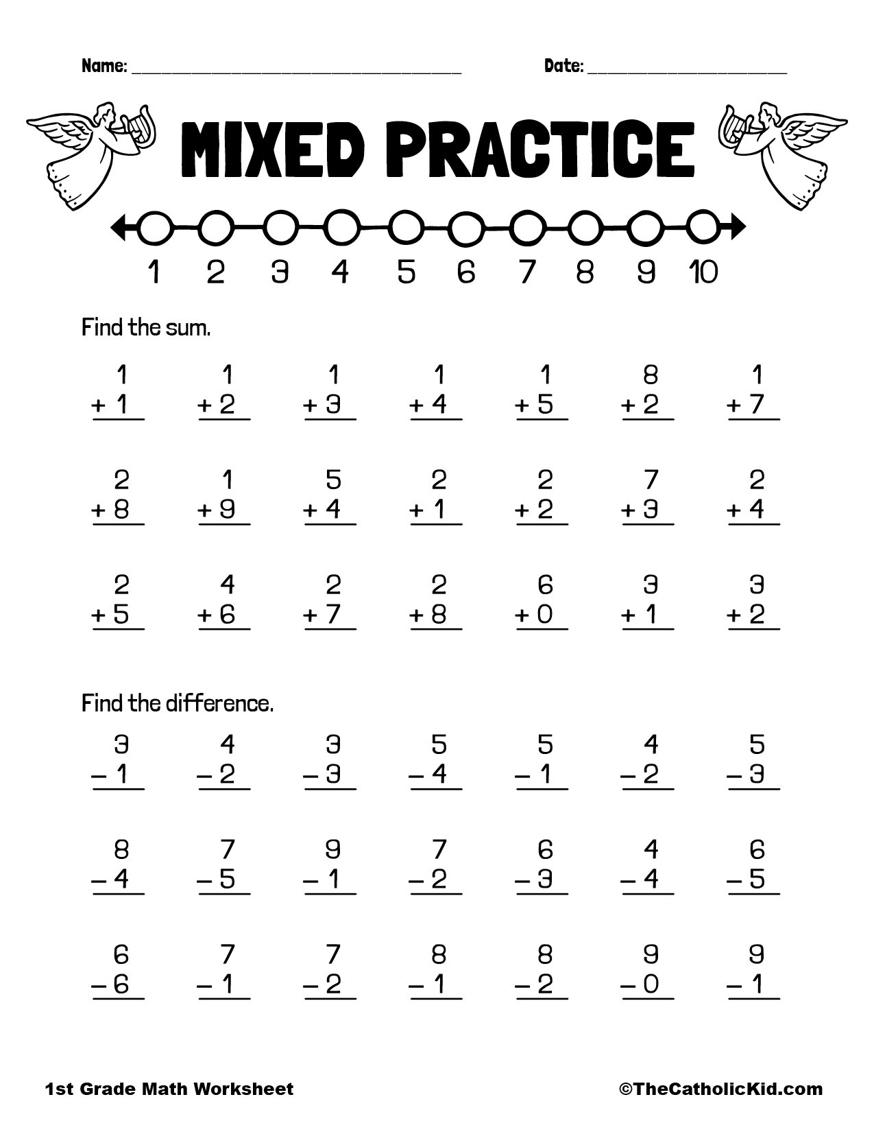 Addition Subtraction 1st Grade Math Worksheet Catholic TheCatholickid Math Review Addition Counting TheCatholicKid