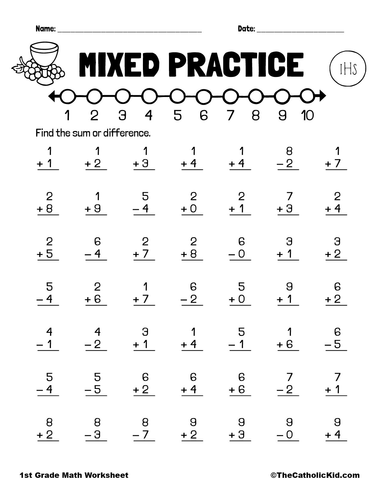 Addition Subtraction Practice 1st Grade Math Worksheet Catholic TheCatholicKid Mental Math Problems 1st Grade Math Worksheet Catholic TheCatholicKid