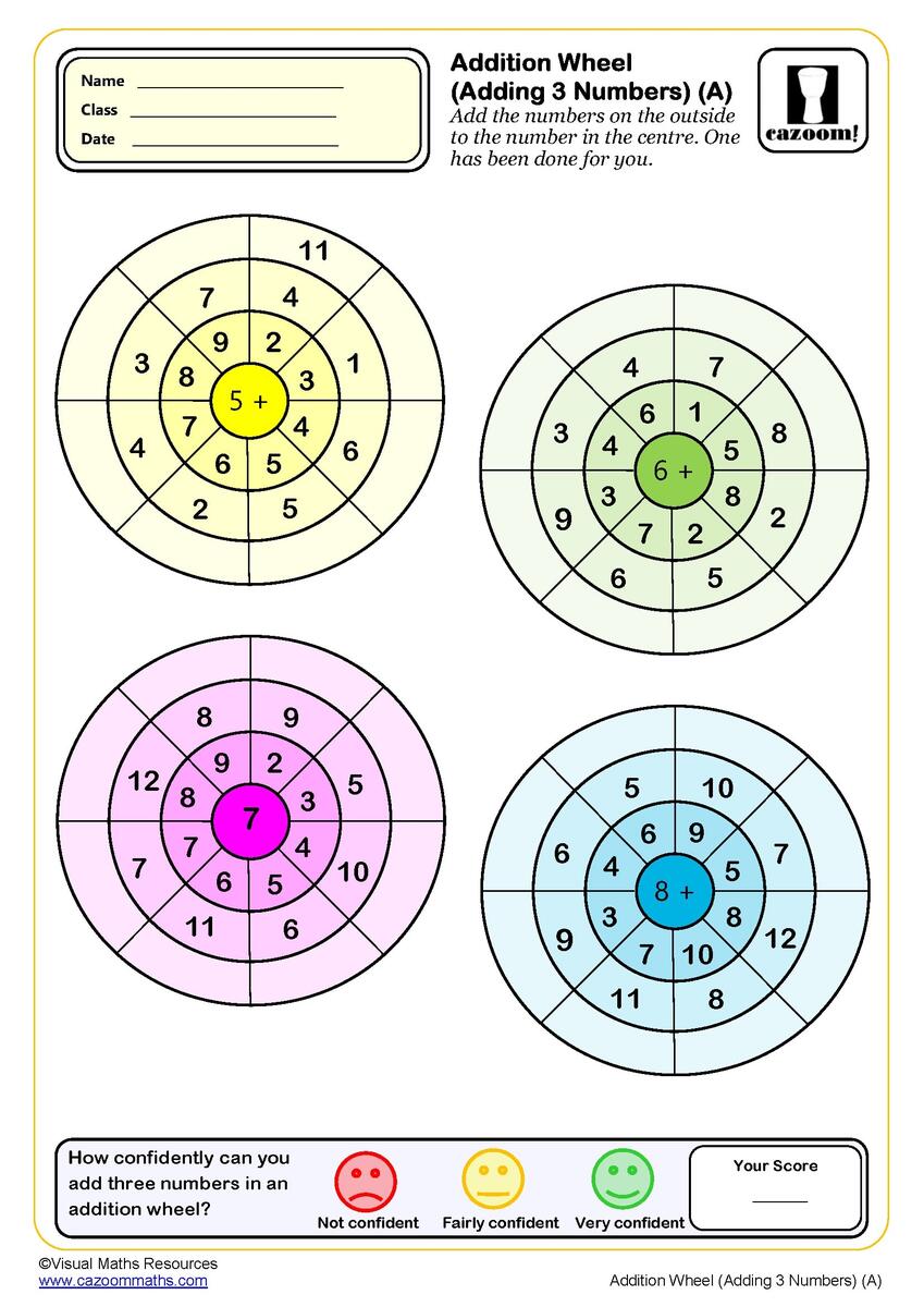 Addition Wheels Adding Three Numbers Worksheet A PDF Printable Addition Worksheets Addition Wheels Adding Three Numbers Worksheet A PDF Printable Addition Worksheets