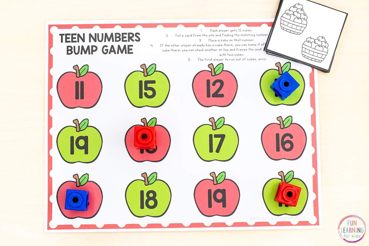Apple Teen Numbers Bump Game Free Printable