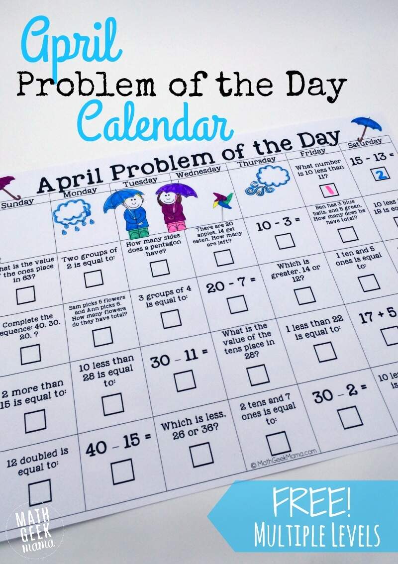 April Math Problem Of The Day Calendar FREE April Math Problem Of The Day Calendar FREE