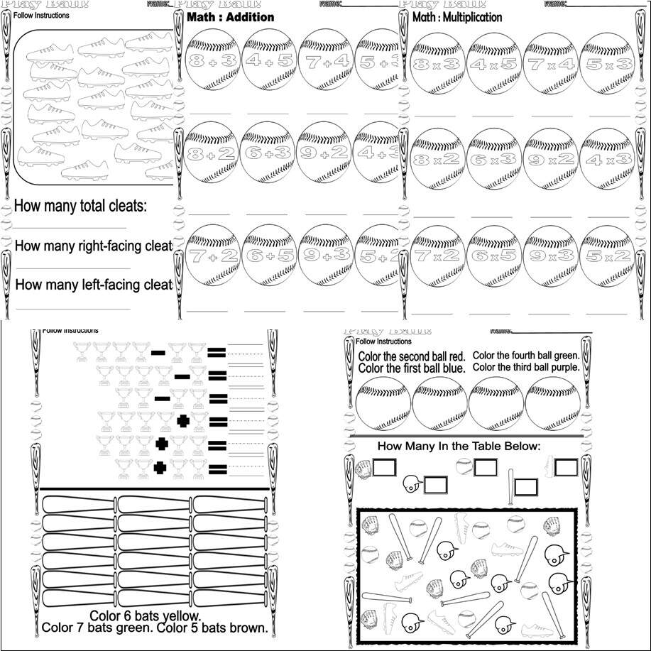 Baseball Math Addition Counting Coloring Multiplying Worksheets Made By Teachers