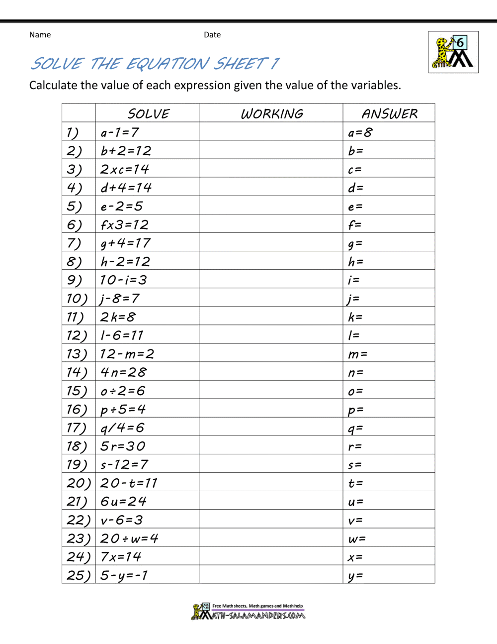 Basic Algebra Worksheets Free Math Worksheets
