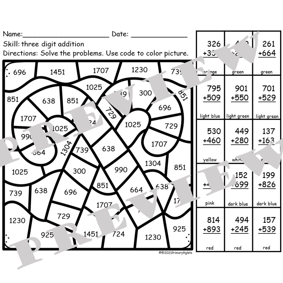 CHRISTMAS 3 DIGIT ADDITION WITH REGROUPING COLOR BY NUMBER CODE CANDYCANES Made By Teachers Math Christmas Worksheets PDF Free Download