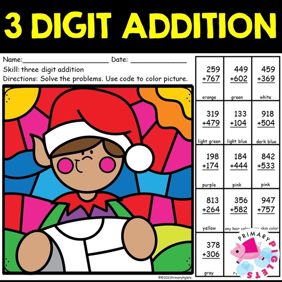 CHRISTMAS 3 DIGIT ADDITION WITH REGROUPING COLOR BY NUMBER CODE ELF Made By Teachers