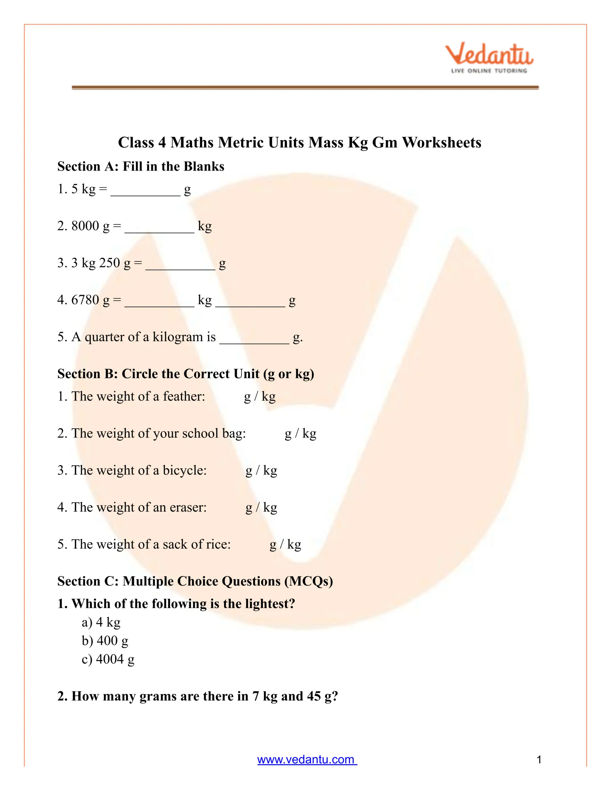Class 4 Maths Metric Units Mass Worksheet Kilogram Gram Practice Class 4 Maths Metric Units Mass Worksheet Kilogram Gram Practice