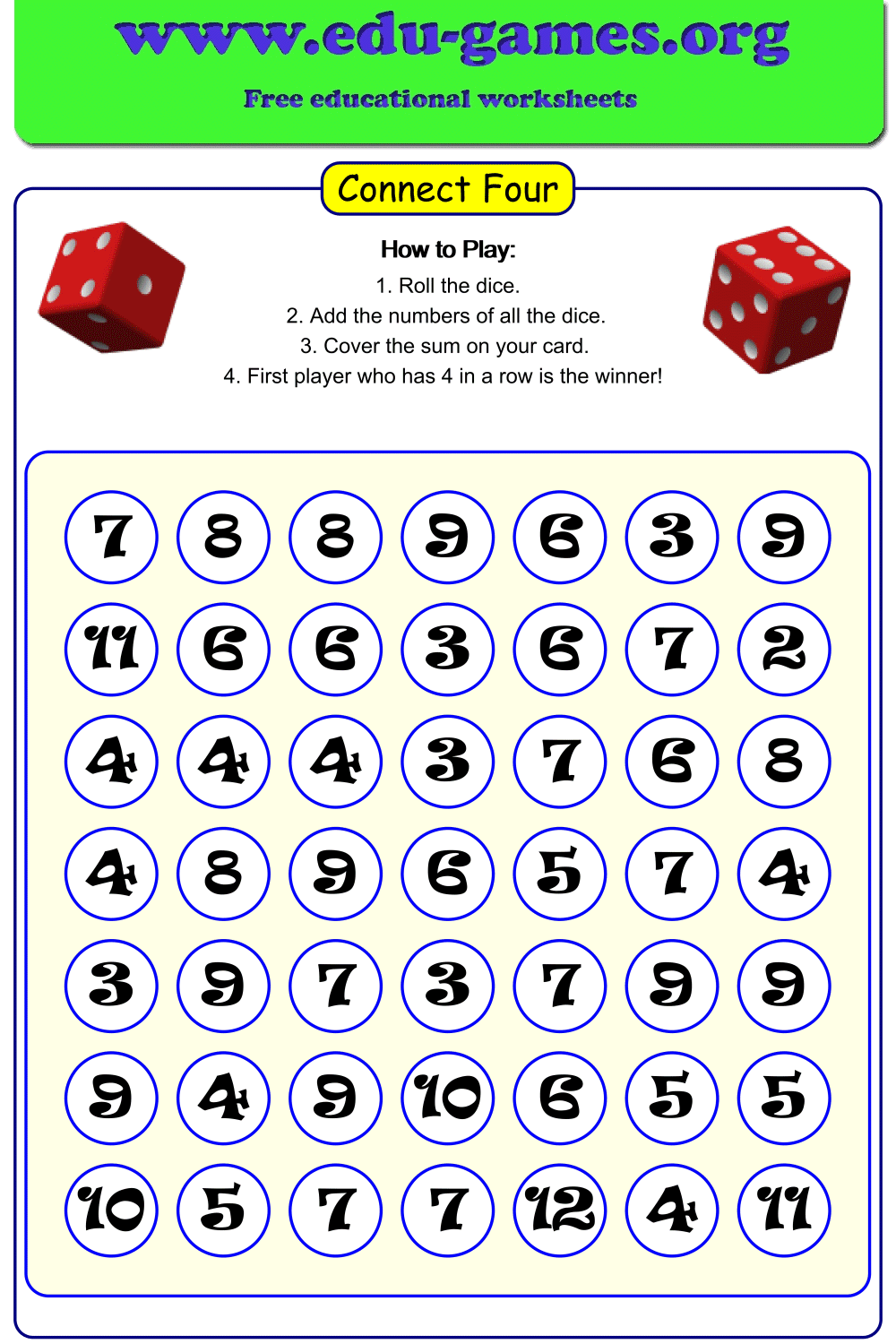 Addition Dice Games PRINTABLE Online