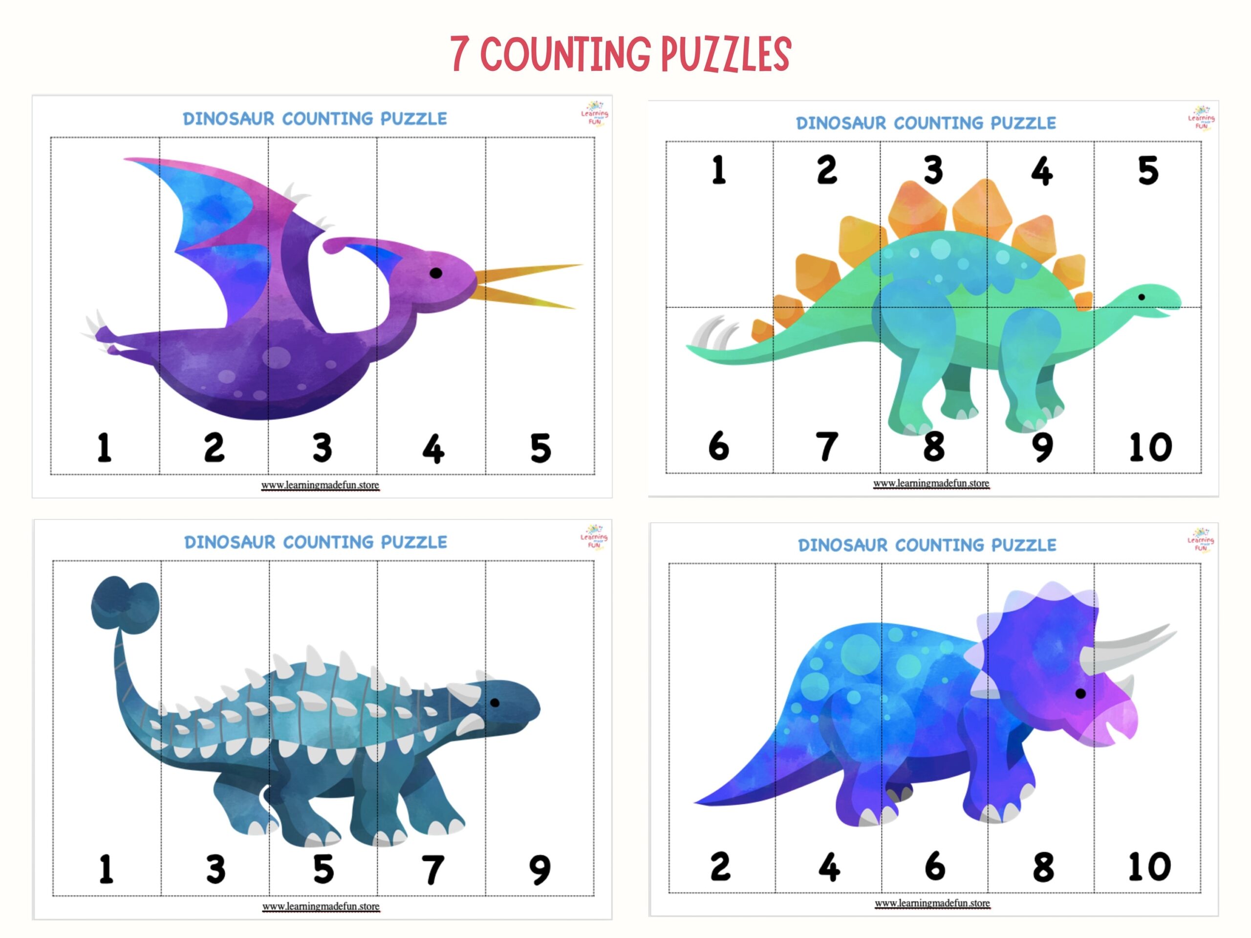Dinosaur Skip Counting Puzzles Numbers By 2s 5s 10s PDF Etsy