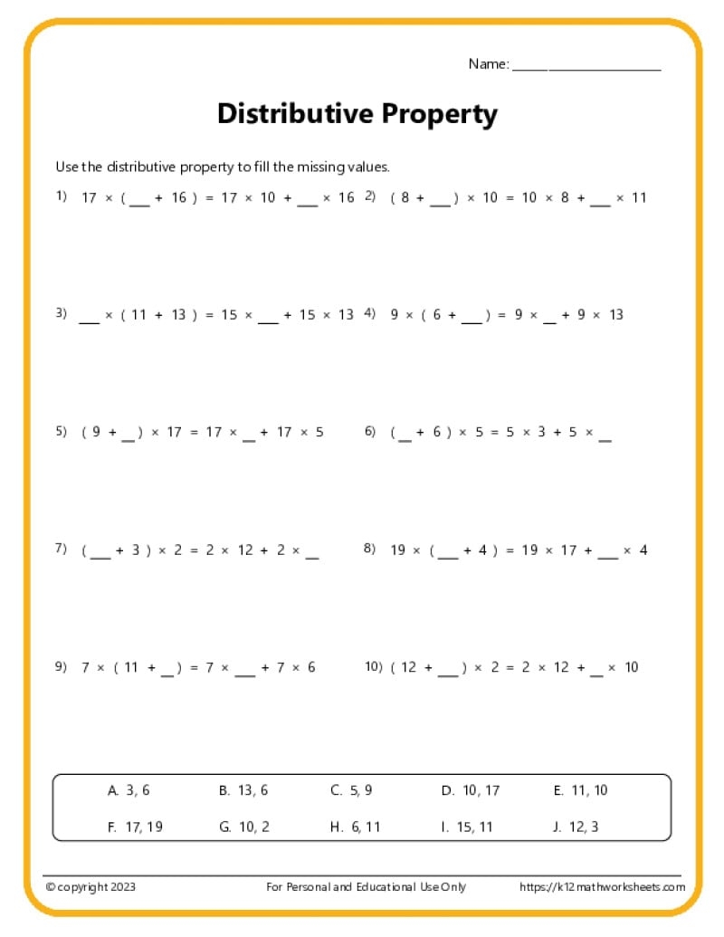 6th Grade Distributive Property Worksheets