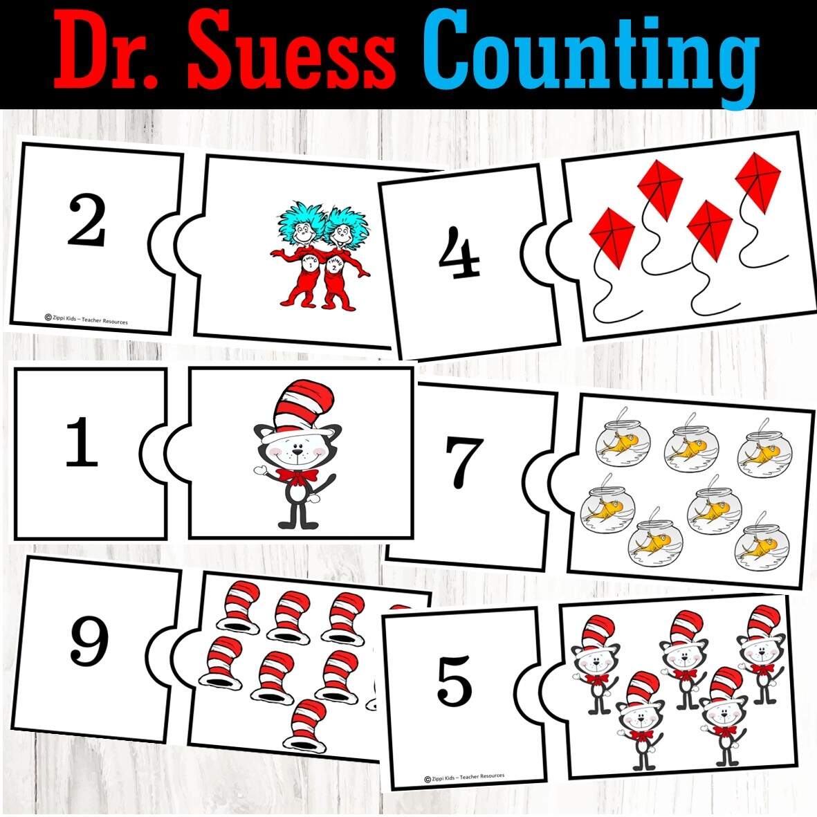 Dr Seuss Cat In Hat Counting Puzzles For Read Across America Week Zippi Kids