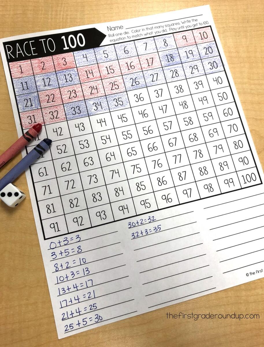 Easy Prep 100th Day Of School Activities Race To 100 Game The First Grade Roundup Dice Race To 100 Tally Activity Top Teacher