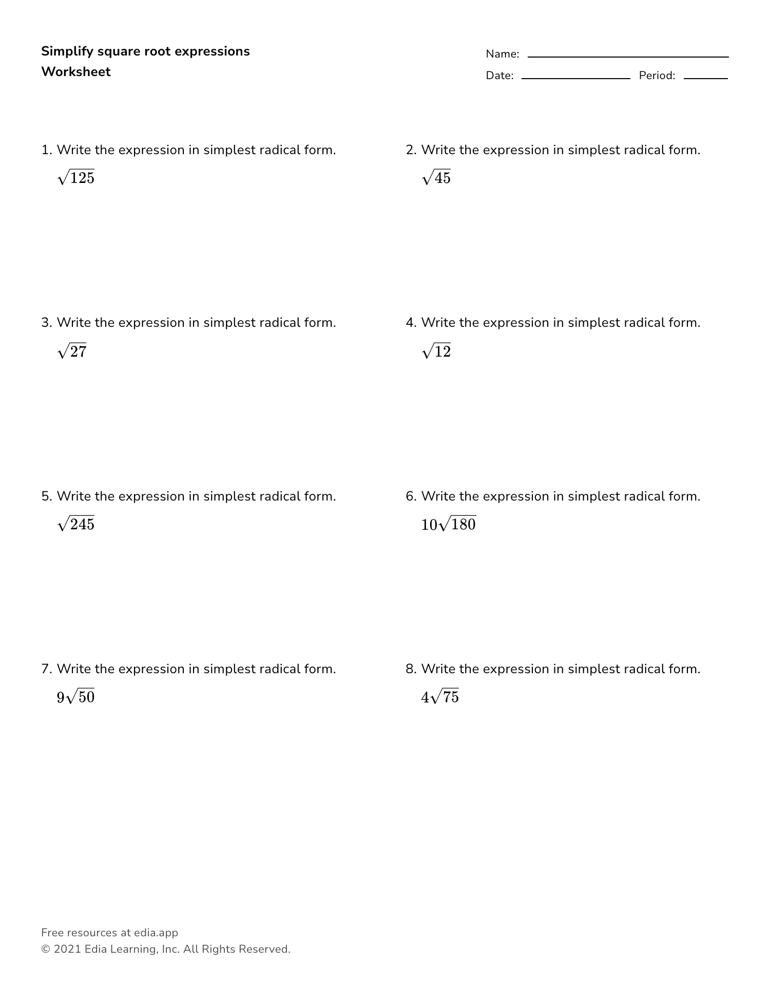 Adding And Subtracting Radical Expressions Worksheets