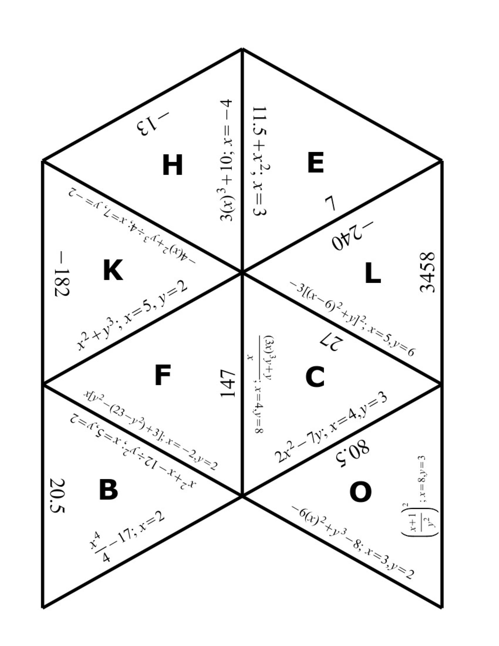 Evaluating Variable Expressions Tarsia Puzzle Funrithmetic