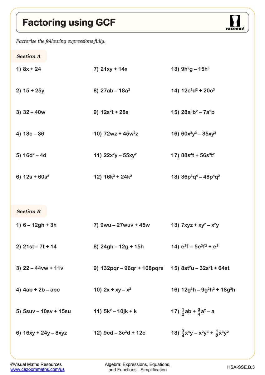 Factoring Using GCF Worksheet PDF Printable Algebra Worksheet Cazoom Math Solve By Factoring Worksheets Algebra 1 Quadratic Functions Worksheets Made By Teachers
