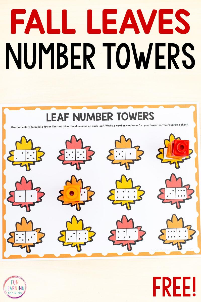 Fall Leaf Number Towers Free Printable Math Activity Preschool Math Worksheets Matching To 5
