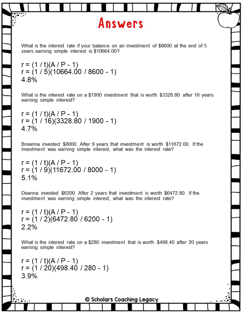 FIND THE INTEREST RATE IN THE SIMPLE INTEREST RATE PROBLEMS Math Worksheets Made By Teachers