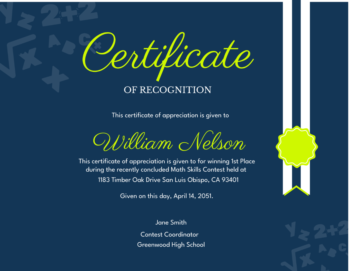 Free Math Contest Certificate Template To Edit Online