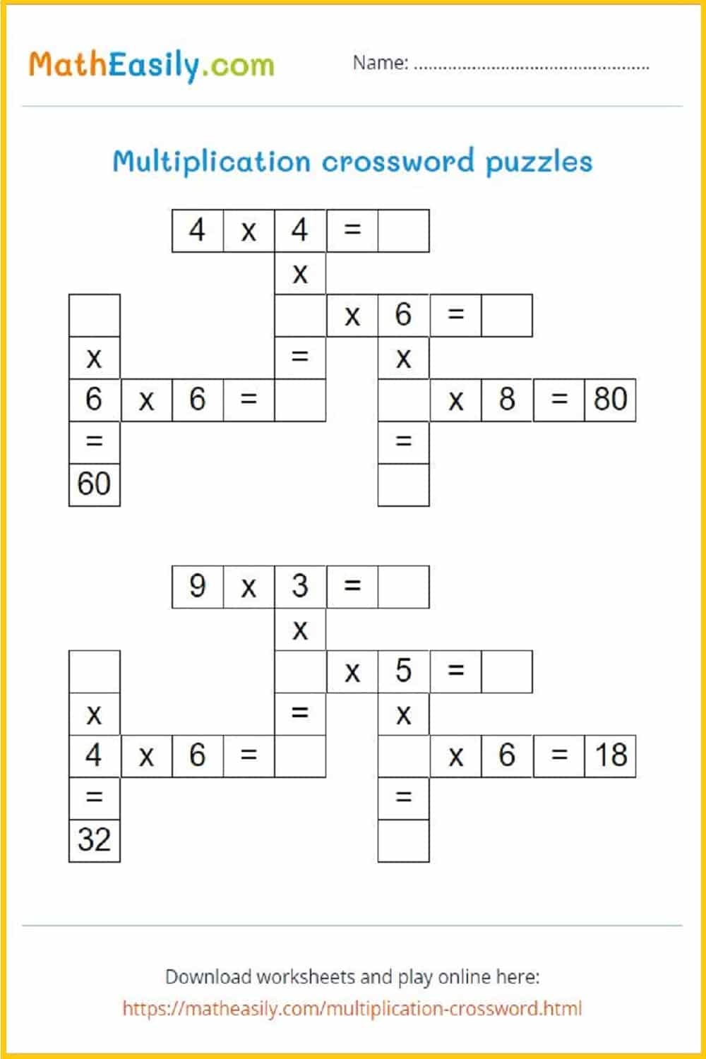 Free Multiplication Games Printable PDF