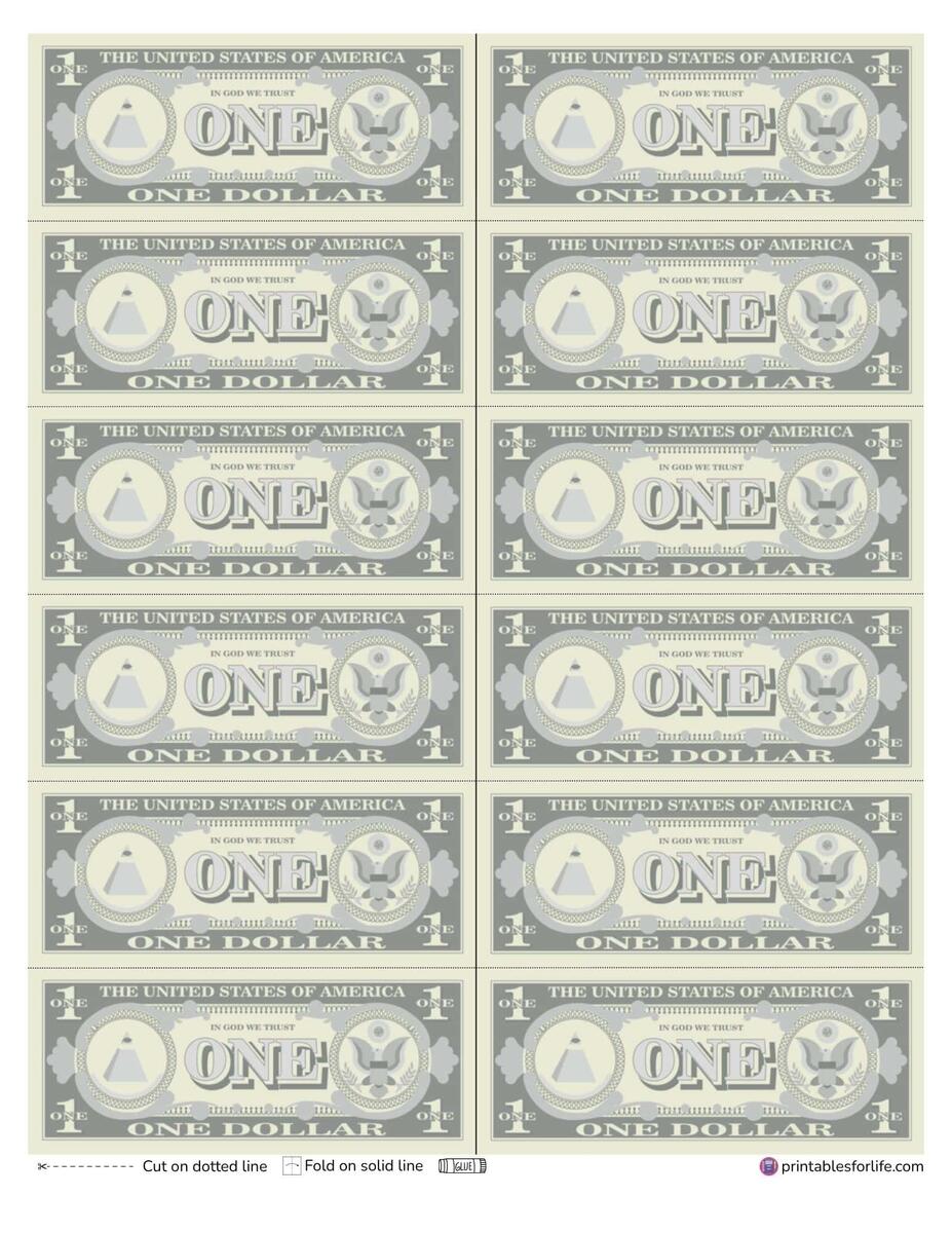 Free Printable US Money Bills PDF