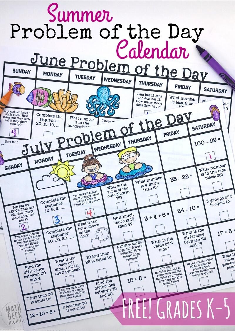 Free Summer Math Calendars For Grades K 5 Free Summer Math Calendars For Grades K 5