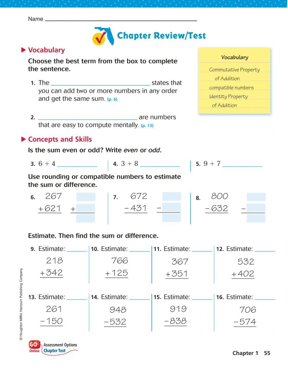 Go Math Chapter 1 Review Worksheet Worksheets Library
