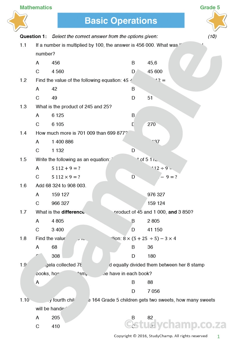 Grade 5 Mathematics Test Operations And Problem Solving Worksheets Library