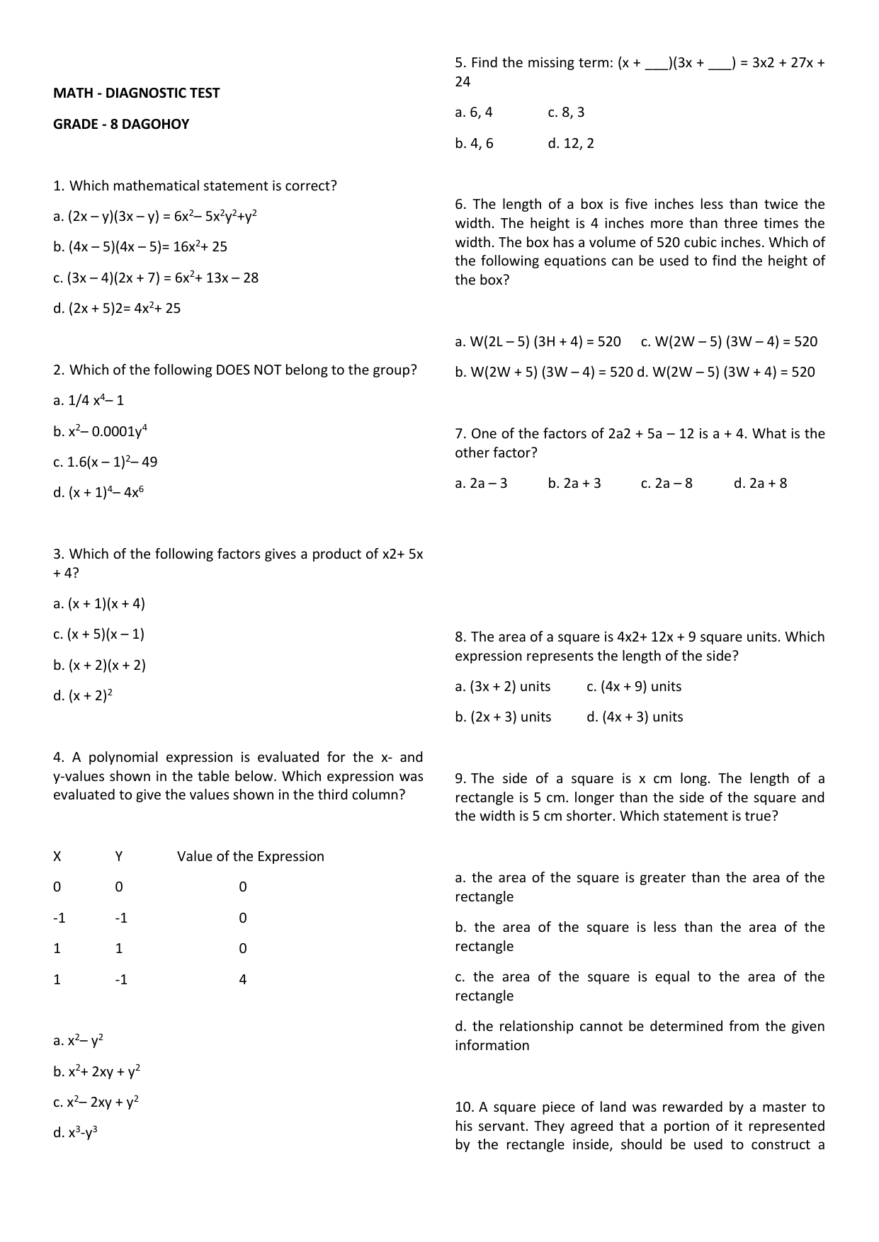 Grade 8 Math Diagnostic Test Algebra Geometry