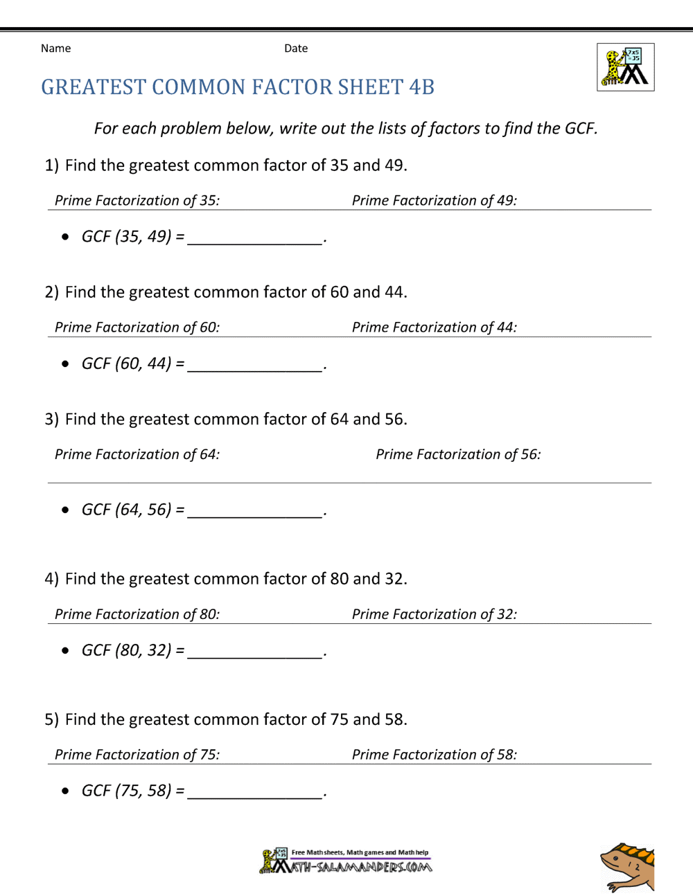 Greatest Common Factor Worksheet Page Printable Grade 5 Greatest Common Factor Worksheets