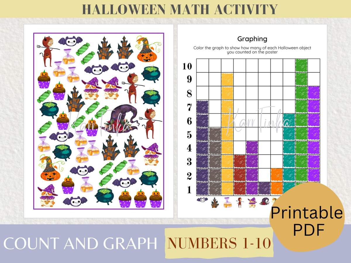 Halloween Count And Graph Worksheets Math Activity Counting 1 10 Count And Color Numbers Learning Object Count Printable Math Game Etsy