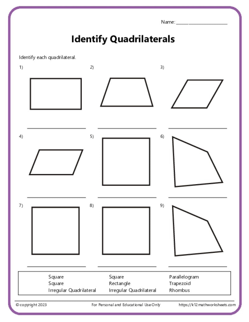 Identify And Draw Quadrilaterals K12 Math Worksheets