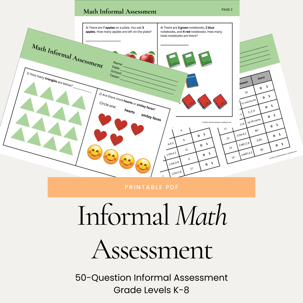 Informal Math Assessment Grades K 8 Printable PDF Classful