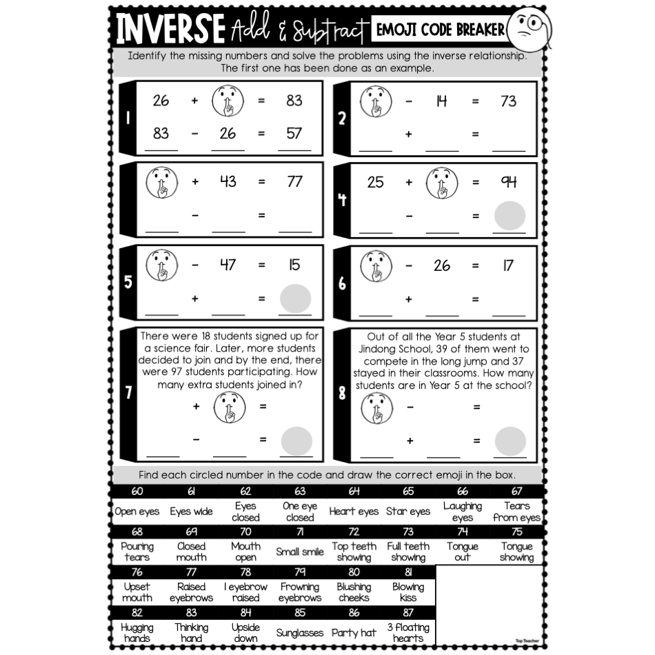 Inverse Two Digit Add Subtract Emoji Code Breaker Worksheets Top Teacher Inverse Two Digit Add Subtract Emoji Code Breaker Worksheets Top Teacher