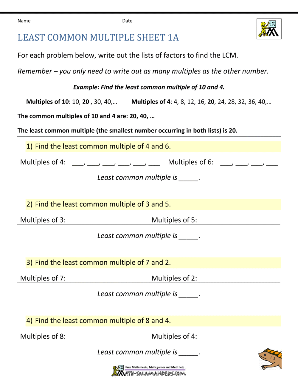 Least Common Multiple Worksheets Page