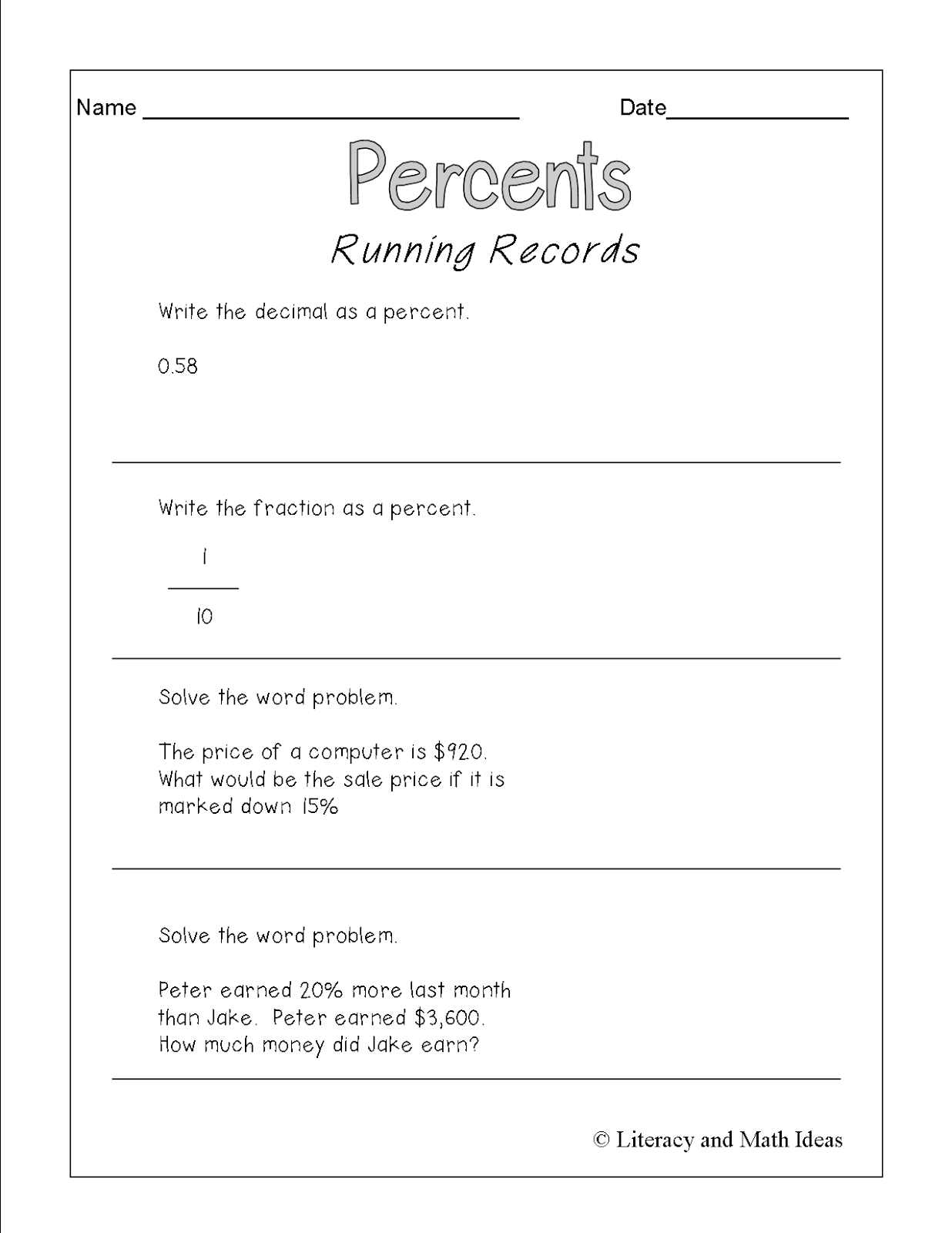Literacy Math Ideas Math Topic Tuesday Help Students Master Percents With Math Running Records Developing Reflective Learners In Math