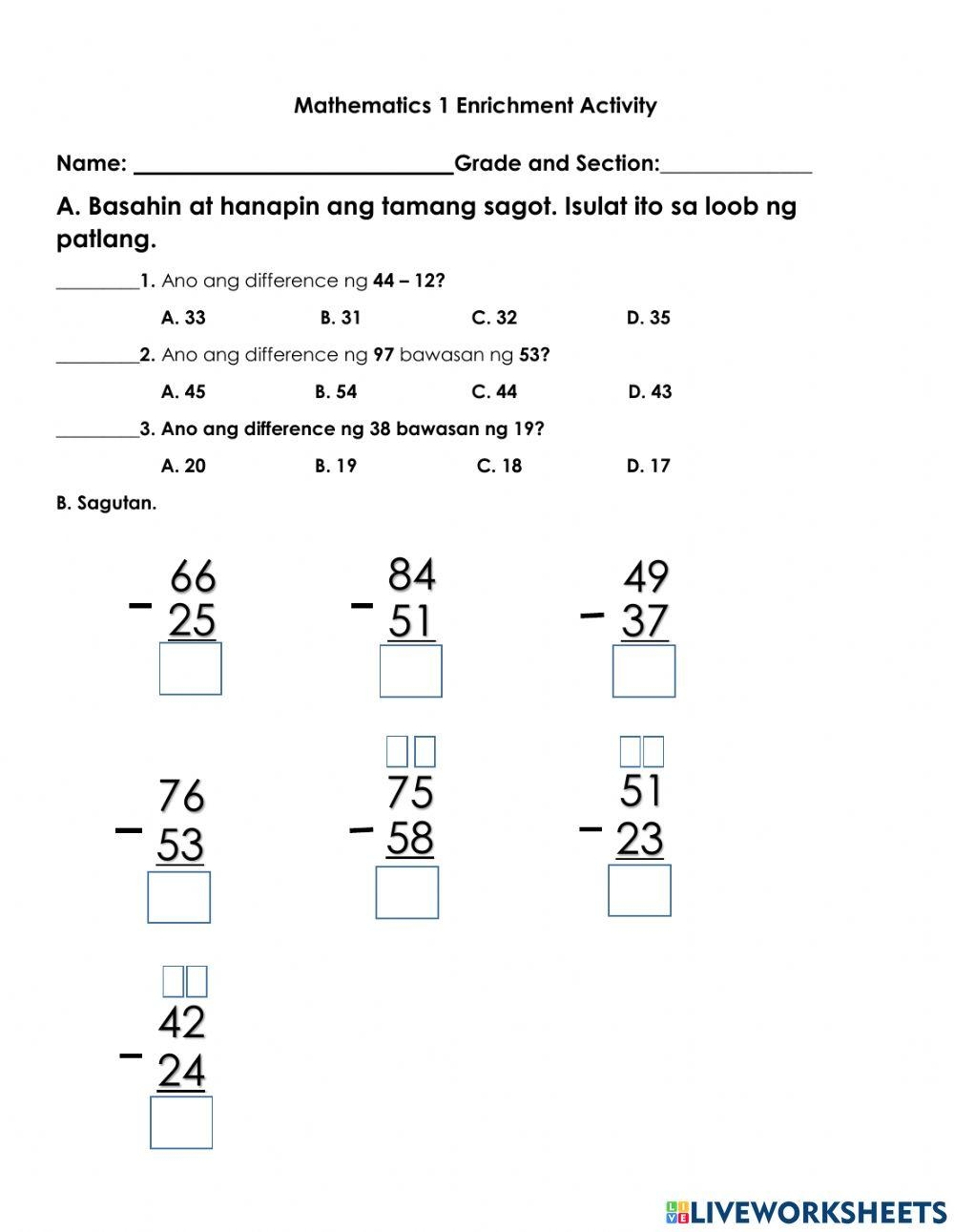 Math 1 Enrichment Activity Worksheet Worksheets Library